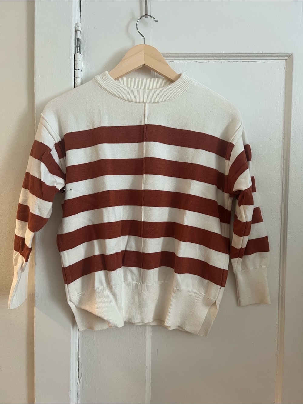Cream and Rust Striped Lightweight Sweater Crewneck Top